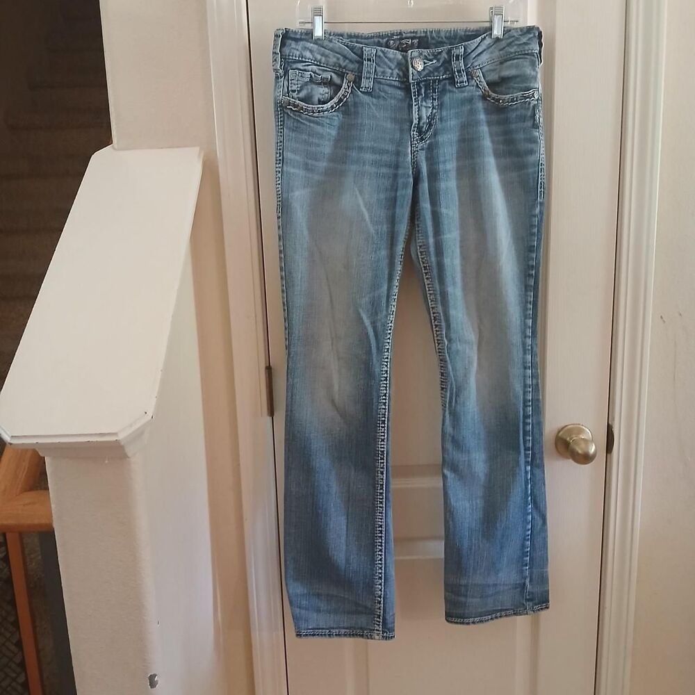 Y2K Mcbling Silver Jeans Suki Mid Rise Slim Bootcut Jeans Sequin Pockets W 30x33